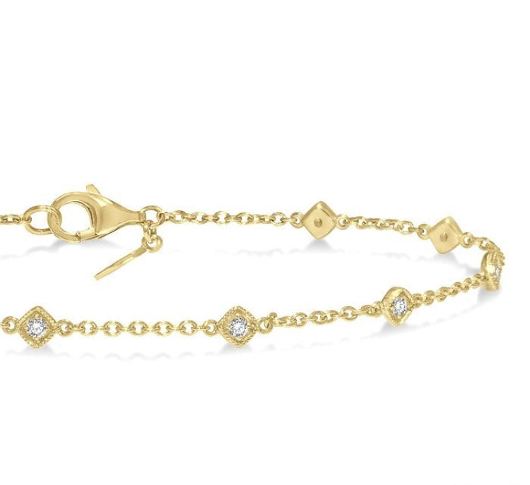 1/6 Ctw Cushion Shape Mount Round Cut Diamond Station Bracelet in 10K Yellow Gold
