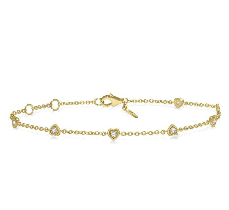 1/6 Ctw Heart Shape Mount Round Cut Diamond Station Bracelet in 10K Yellow Gold