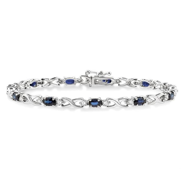 5x3 MM Oval Cut Sapphire and 1/10 Ctw Round Cut Diamond Bracelet in 10K White Gold