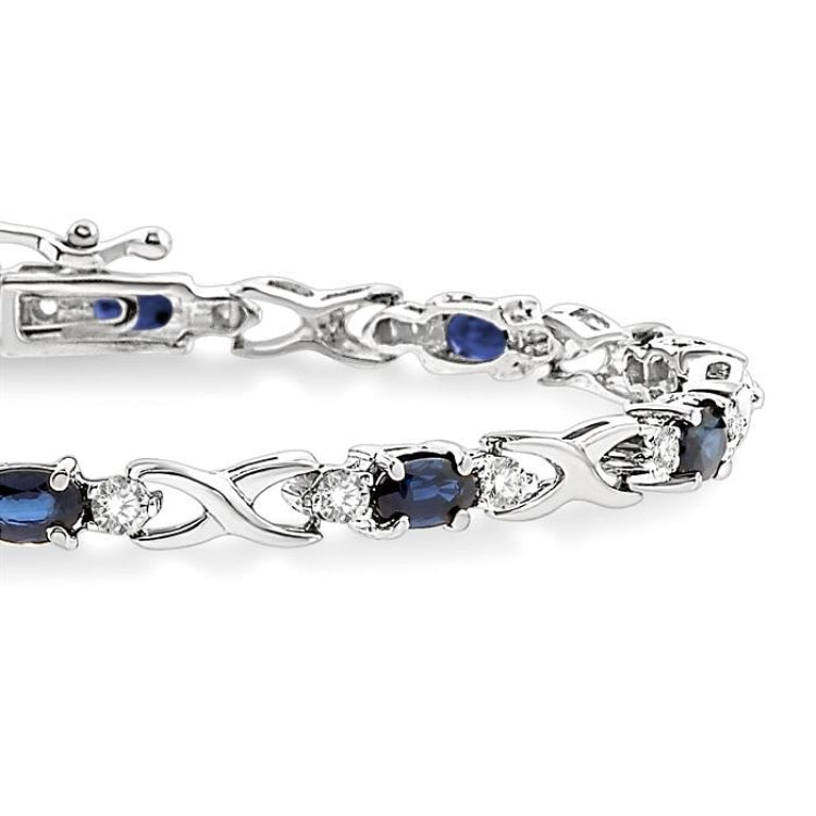 5x3 MM Oval Cut Sapphire and 1/10 Ctw Round Cut Diamond Bracelet in 10K White Gold