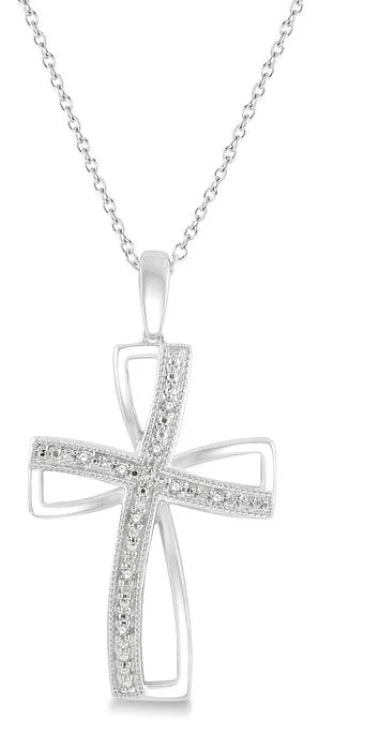 1/50 Ctw Round Cut Diamond Cross Pendant with Chain in Sterling Silver