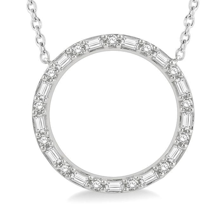 1/2 Ctw Circle Baguette and Round Cut Diamond Pendant With Chain in 14K White Gold