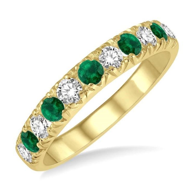 2.6 MM Emerald and 3/8 Ctw Round Cut Diamond Precious Wedding Band in 14K Yellow Gold