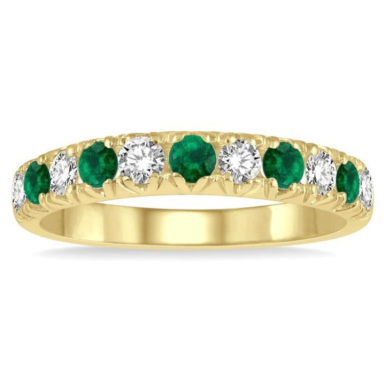 2.6 MM Emerald and 3/8 Ctw Round Cut Diamond Precious Wedding Band in 14K Yellow Gold