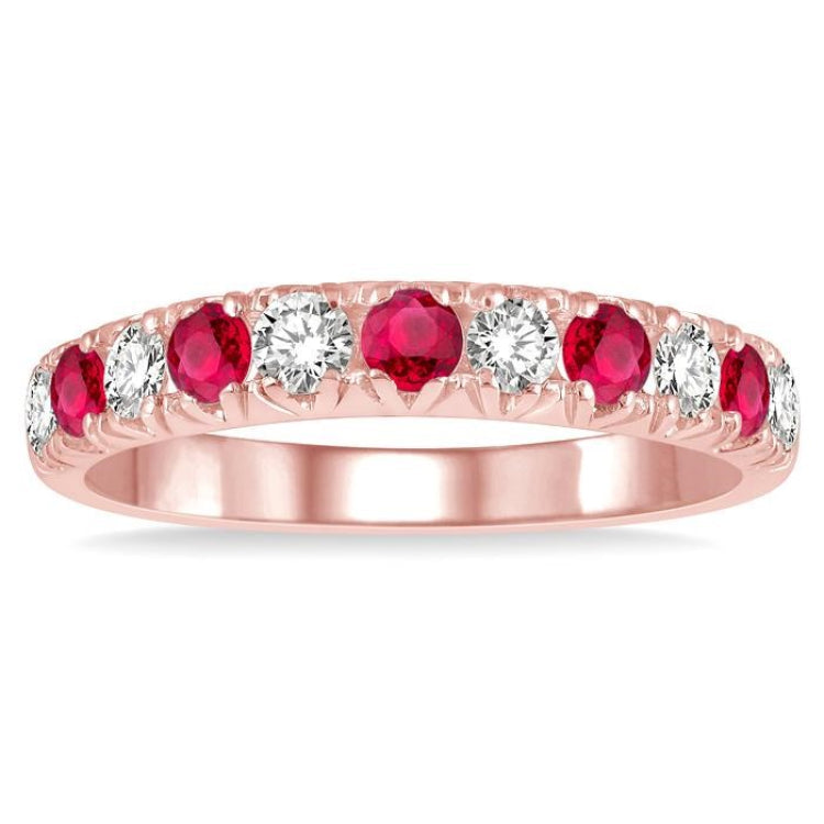 2.6 MM Ruby and 3/8 Ctw Round Cut Diamond Precious Wedding Band in 14K rose Gold