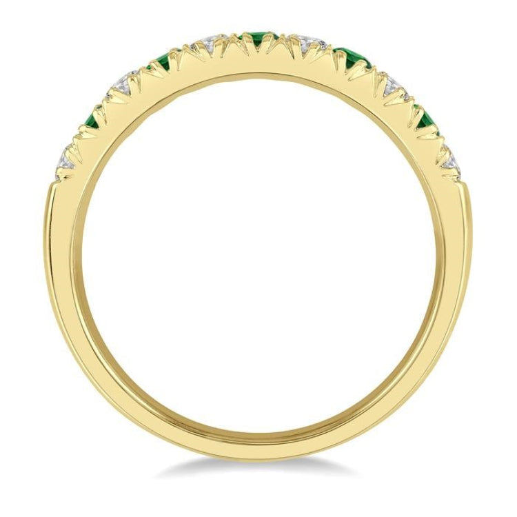 2.3 MM Emerald and 1/4 Ctw Round Cut Diamond Precious Wedding Band in 14K Yellow Gold