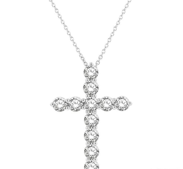 3 Ctw Round Cut Diamond Cross Pendant in 14K White Gold with Chain