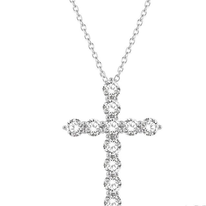 4 Ctw Round Cut Diamond Cross Pendant in 14K White Gold with Chain