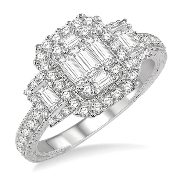 7/8 Ctw Octagonal & Rectangular Mount Baguette and Round Cut Diamond Engagement Ring in 14K White Gold
