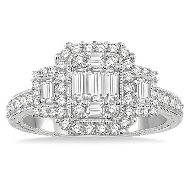 7/8 Ctw Octagonal & Rectangular Mount Baguette and Round Cut Diamond Engagement Ring in 14K White Gold