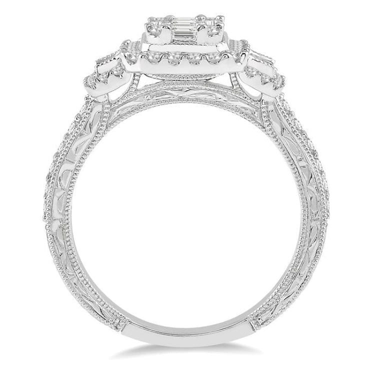 7/8 Ctw Octagonal & Rectangular Mount Baguette and Round Cut Diamond Engagement Ring in 14K White Gold