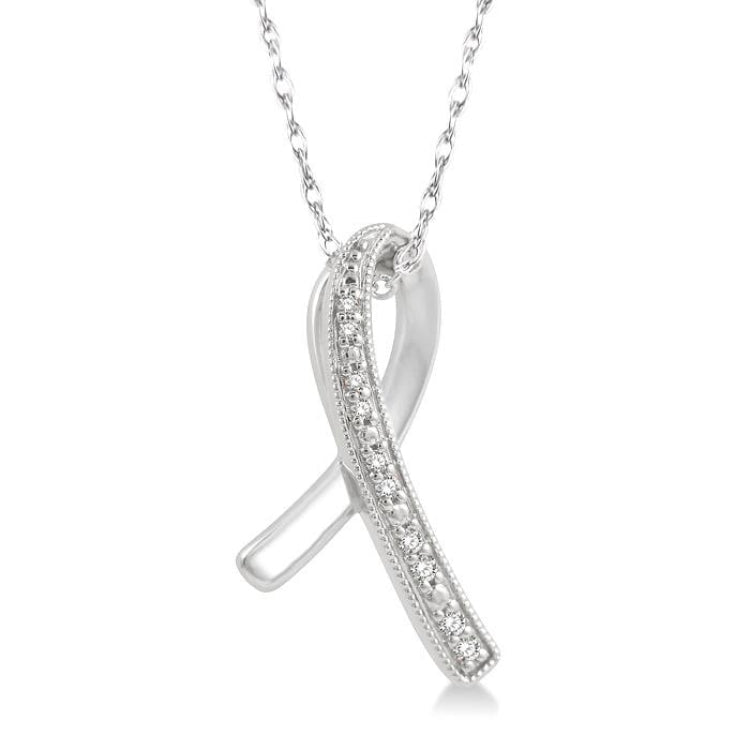 1/20 Ctw Round Cut Diamond Awareness Ribbon Pendant With Chain in 10K White Gold