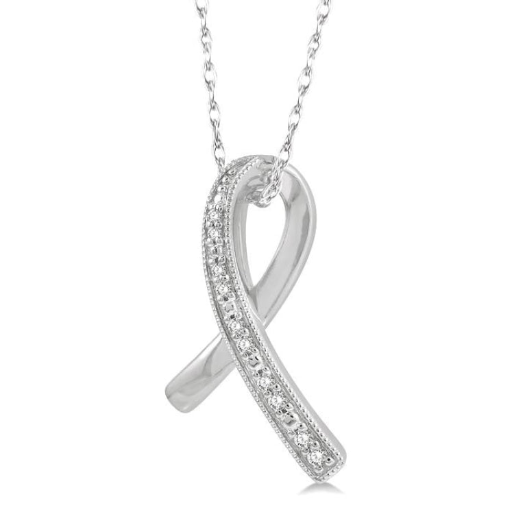 1/20 Ctw Round Cut Diamond Awareness Ribbon Pendant With Chain in 10K White Gold