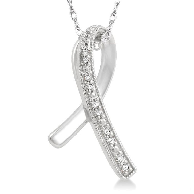 1/20 Ctw Round Cut Diamond Awareness Ribbon Pendant With Chain in 10K White Gold