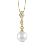 Load image into Gallery viewer, 8 MM Cultured Pearl and 1/6 Ctw Floral Dangler Round Cut Diamond Pendant With Chain in 14K Yellow Gold