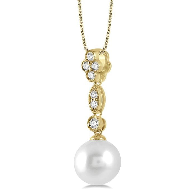 8 MM Cultured Pearl and 1/6 Ctw Floral Dangler Round Cut Diamond Pendant With Chain in 14K Yellow Gold