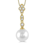 Load image into Gallery viewer, 8 MM Cultured Pearl and 1/6 Ctw Floral Dangler Round Cut Diamond Pendant With Chain in 14K Yellow Gold