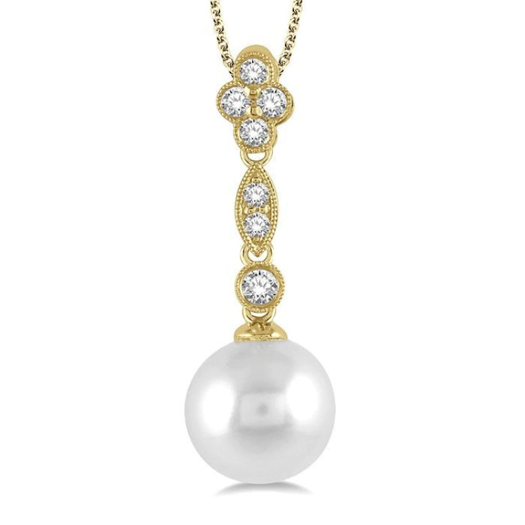 8 MM Cultured Pearl and 1/6 Ctw Floral Dangler Round Cut Diamond Pendant With Chain in 14K Yellow Gold