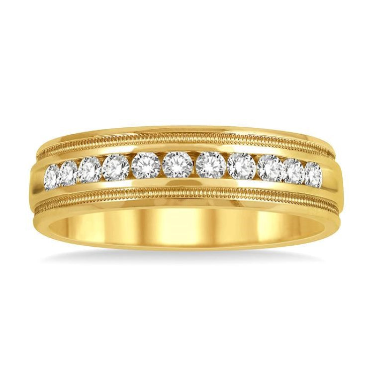 1/2 Ctw Parallel Milgrain & Niched Center Round Cut Diamond Men's Wedding Band in 14K Yellow Gold
