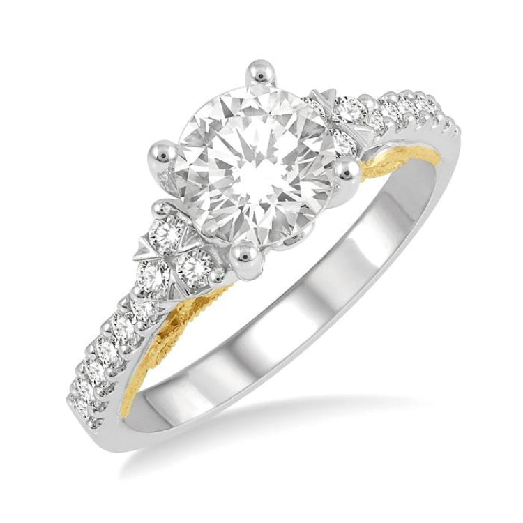1/3 Ctw Circular Shape Tri Mount Round Cut Diamond Semi-Mount Engagement Ring in 14K White and Yellow Gold