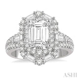 1 1/10 ctw Hexagonal Shape Baguette and Round Cut Diamond Semi-Mount Engagement Ring in 14K White Gold