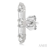 1/6 Ctw Solid Bar Baguette and Round Cut Diamond Petite Earrings in 10K White Gold
