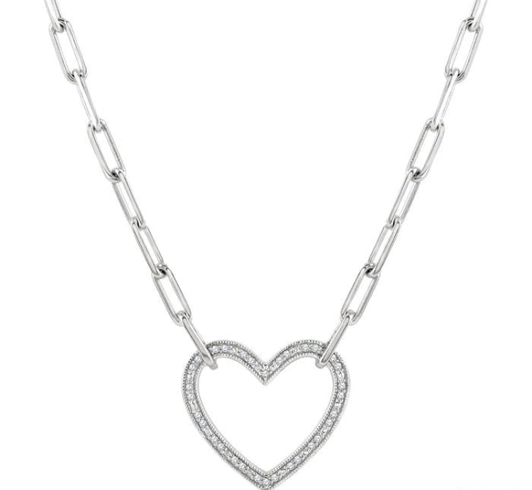 1/10 Ctw Round Cut Diamond Heart Pendant With Paperclip Chain in Sterling Silver