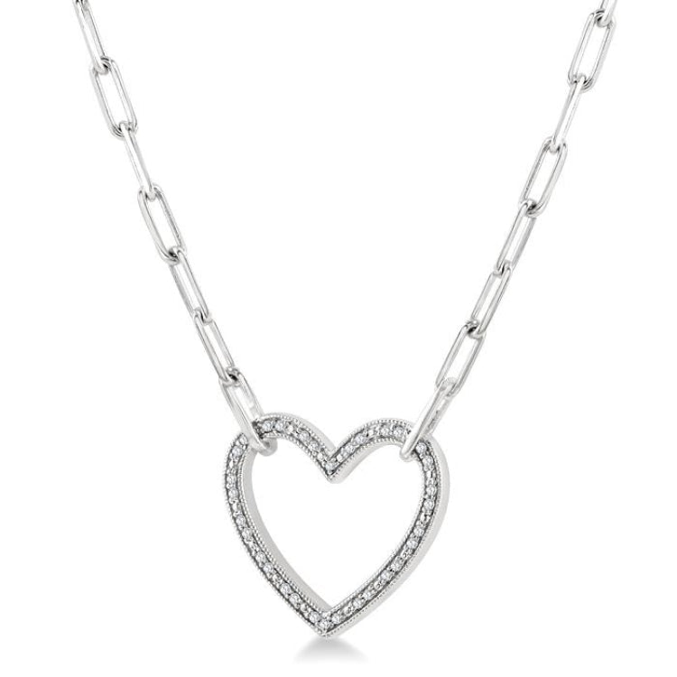 1/10 Ctw Round Cut Diamond Heart Pendant With Paperclip Chain in Sterling Silver
