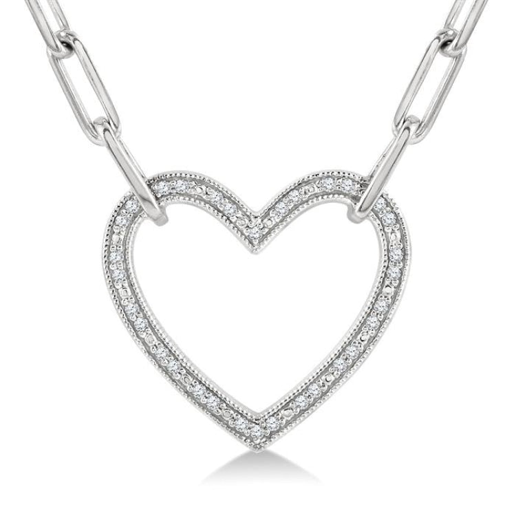 1/10 Ctw Round Cut Diamond Heart Pendant With Paperclip Chain in Sterling Silver