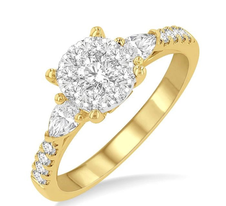 3/4 Ctw Circular Mount Lovebright Pear and Round Cut Diamond Engagement Ring in 14K Yellow and White Gold