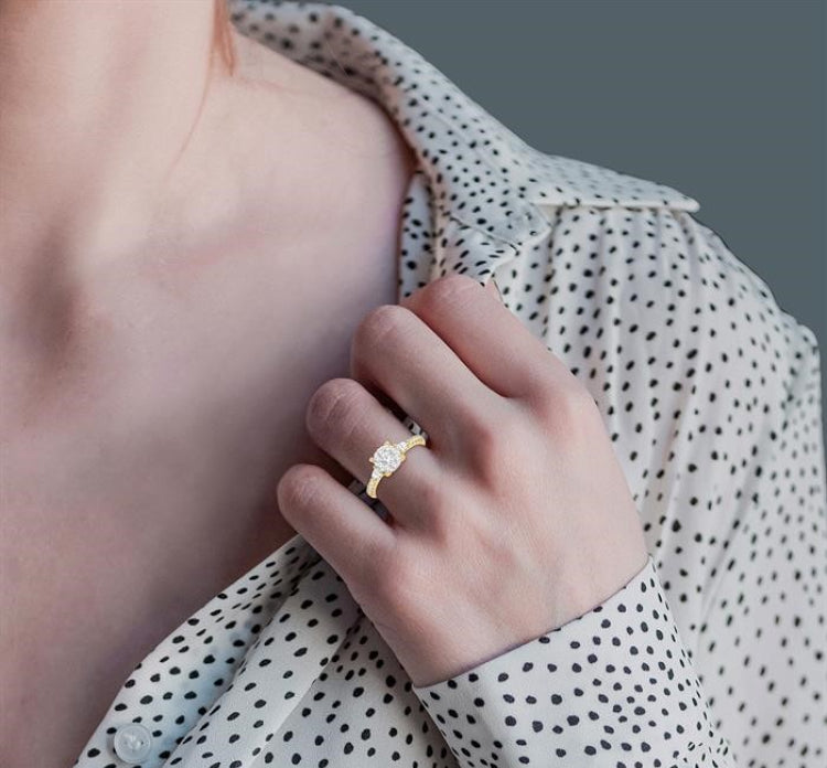 3/4 Ctw Circular Mount Lovebright Pear and Round Cut Diamond Engagement Ring in 14K Yellow and White Gold