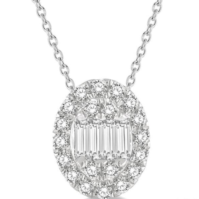 1/4 Ctw Oval Mount Baguette and Round Cut Diamond Pendant With Chain in 14K White Gold