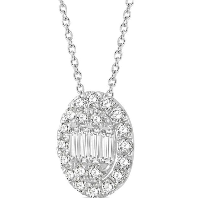 1/4 Ctw Oval Mount Baguette and Round Cut Diamond Pendant With Chain in 14K White Gold