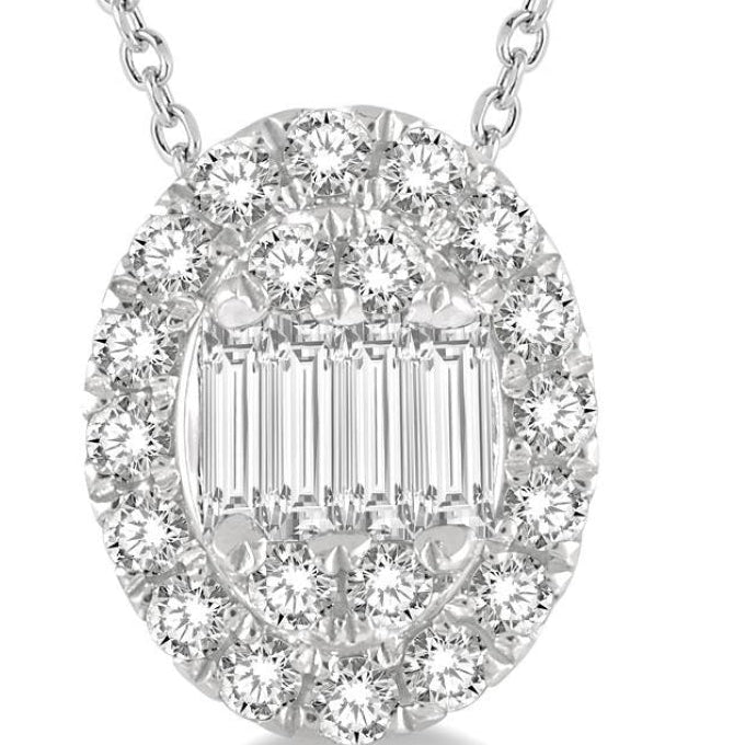 1/4 Ctw Oval Mount Baguette and Round Cut Diamond Pendant With Chain in 14K White Gold