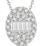 1/4 Ctw Oval Mount Baguette and Round Cut Diamond Pendant With Chain in 14K White Gold
