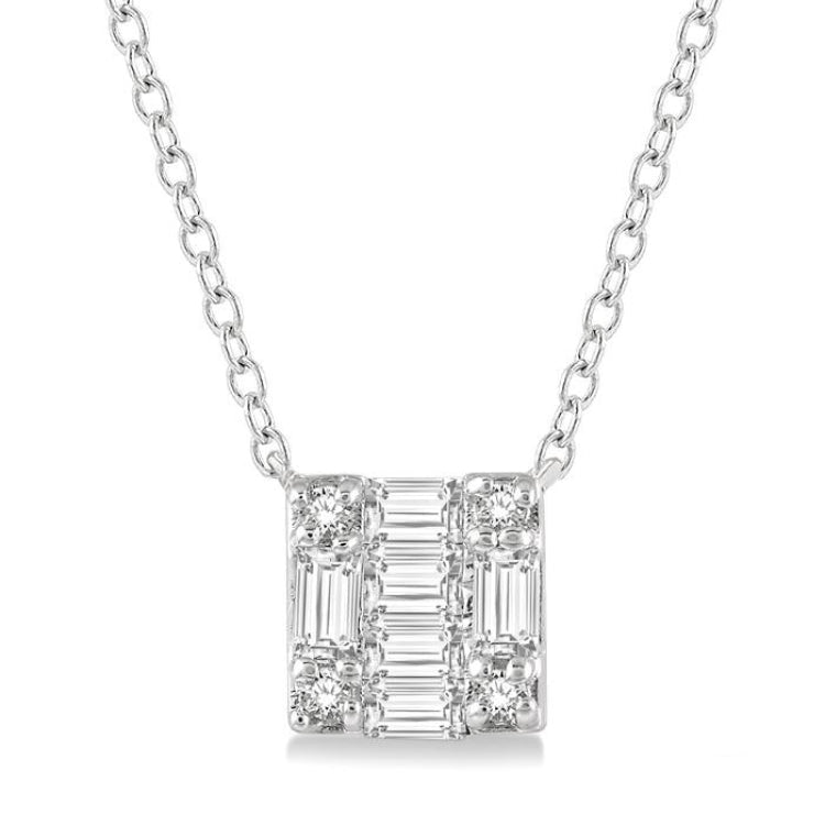 1/8 Ctw Square Shape Baguette and Round Cut Diamond Petite Fashion Pendant With Chain in 10K White Gold