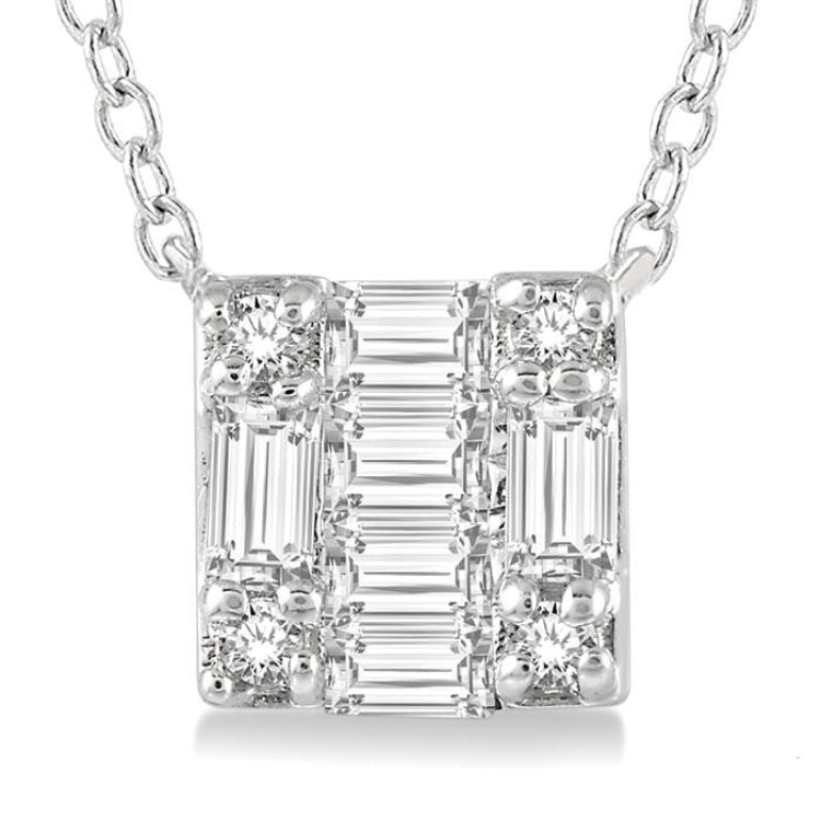 1/8 Ctw Square Shape Baguette and Round Cut Diamond Petite Fashion Pendant With Chain in 10K White Gold