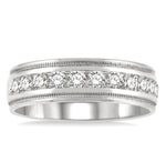 Load image into Gallery viewer, 1 Ctw Parallel Milgrain &amp; Niched Center Round Cut Diamond Men's Wedding Band in 14K White Gold