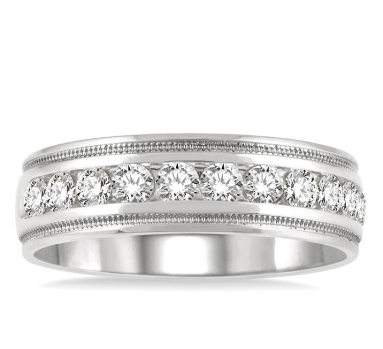 1 Ctw Parallel Milgrain & Niched Center Round Cut Diamond Men's Wedding Band in 14K White Gold