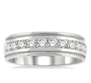 1 Ctw Parallel Milgrain & Niched Center Round Cut Diamond Men's Wedding Band in 14K White Gold