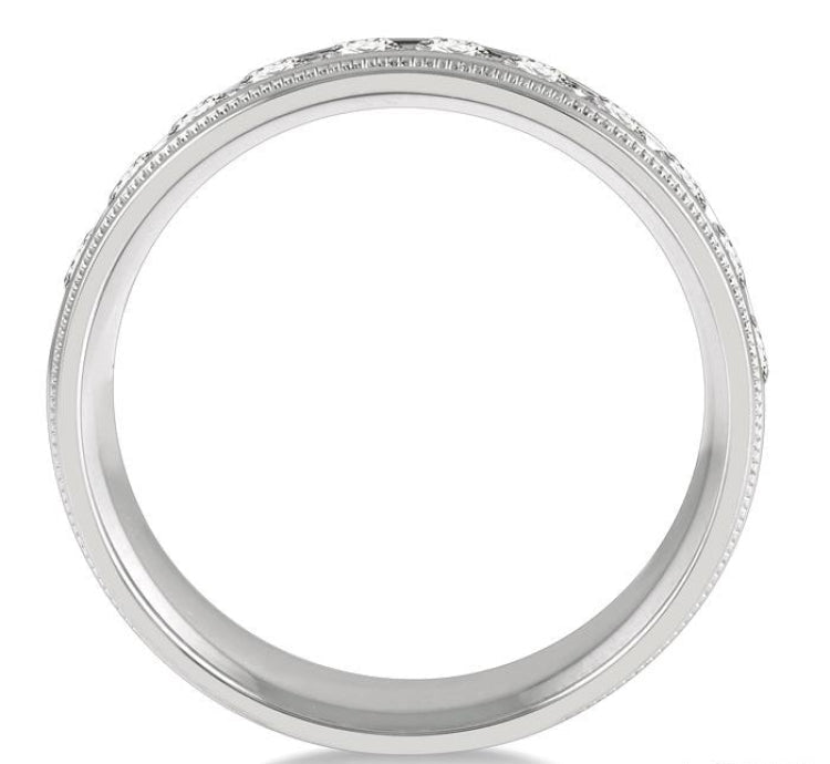 1 Ctw Parallel Milgrain & Niched Center Round Cut Diamond Men's Wedding Band in 14K White Gold