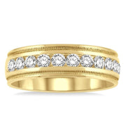 1 Ctw Parallel Milgrain & Niched Center Round Cut Diamond Men's Wedding Band in 14K Yellow Gold