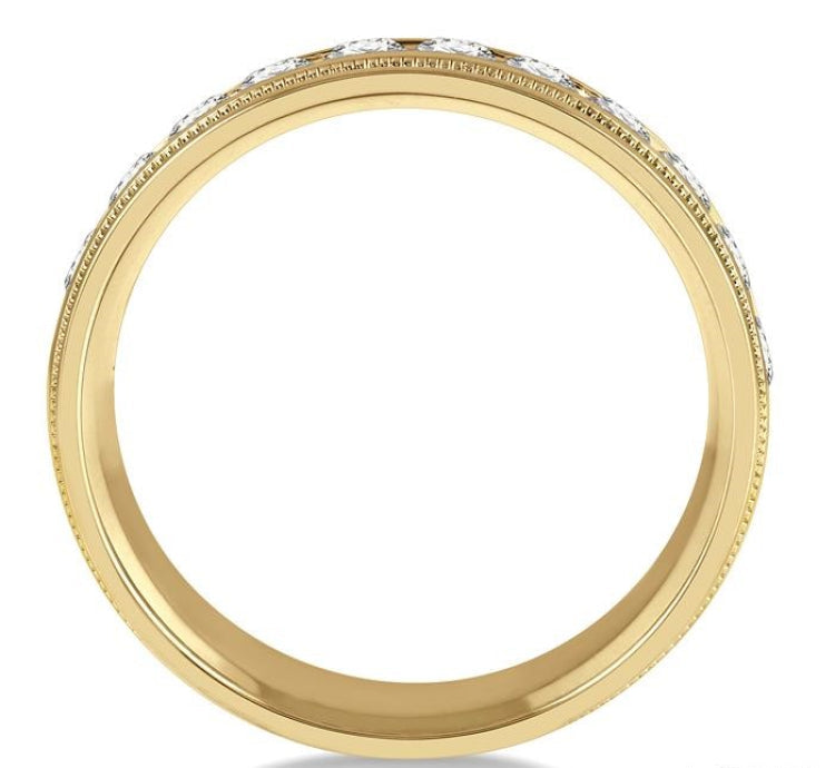 1 Ctw Parallel Milgrain & Niched Center Round Cut Diamond Men's Wedding Band in 14K Yellow Gold
