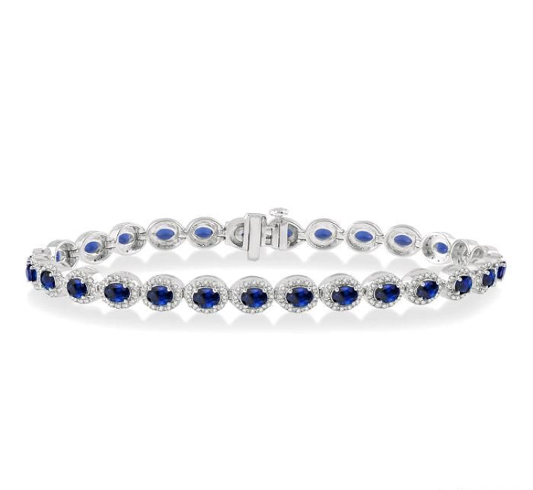 4x3 MM Oval Cut Sapphire and 1 Ctw Round Cut Diamond Precious Bracelet in 14K White Gold