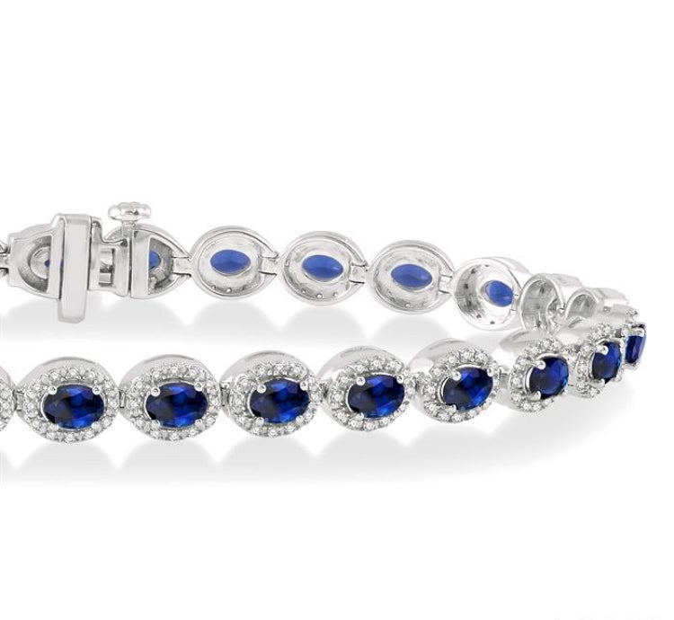 4x3 MM Oval Cut Sapphire and 1 Ctw Round Cut Diamond Precious Bracelet in 14K White Gold