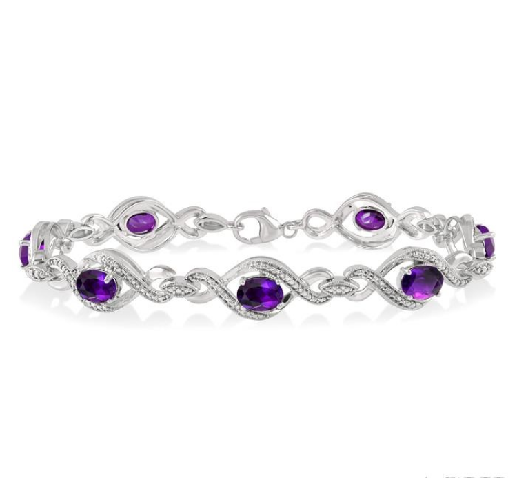 7X5 MM Oval Shape Amethyst and 1/10 Ctw Round Cut Diamond Semi-Precious Bracelet in Sterling Silver