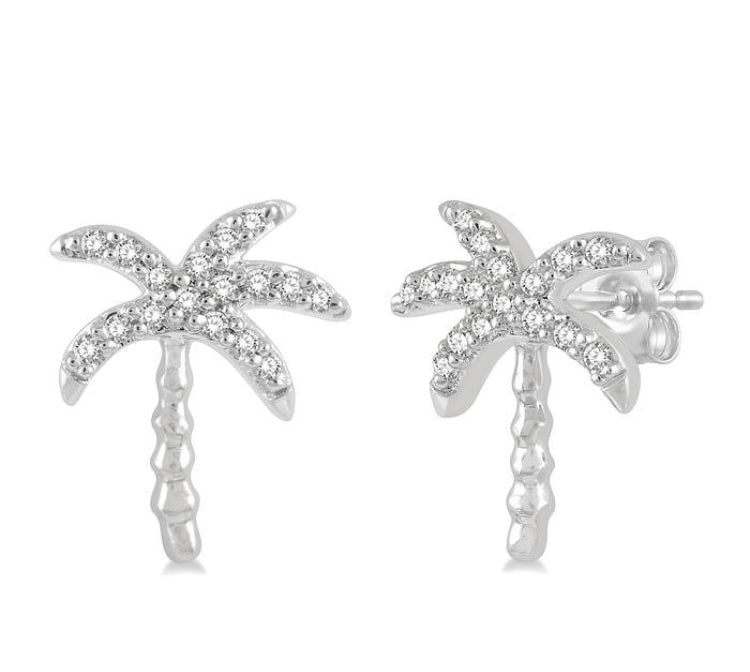 1/10 Ctw Palm Tree Round Cut Diamond Petite Fashion Earring in 10K White Gold