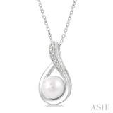 1/50 Ctw Drop Shape Round Cut Diamond & 7x7 MM Cultured Pearl Pendant With Chain in Sterling Silver