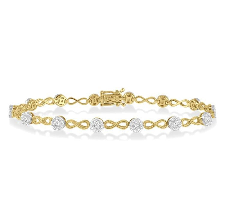 1 1/2 Ctw Circular Mount & Infinity Link Lovebright Round Cut Diamond Bracelet in 14K Yellow and White Gold