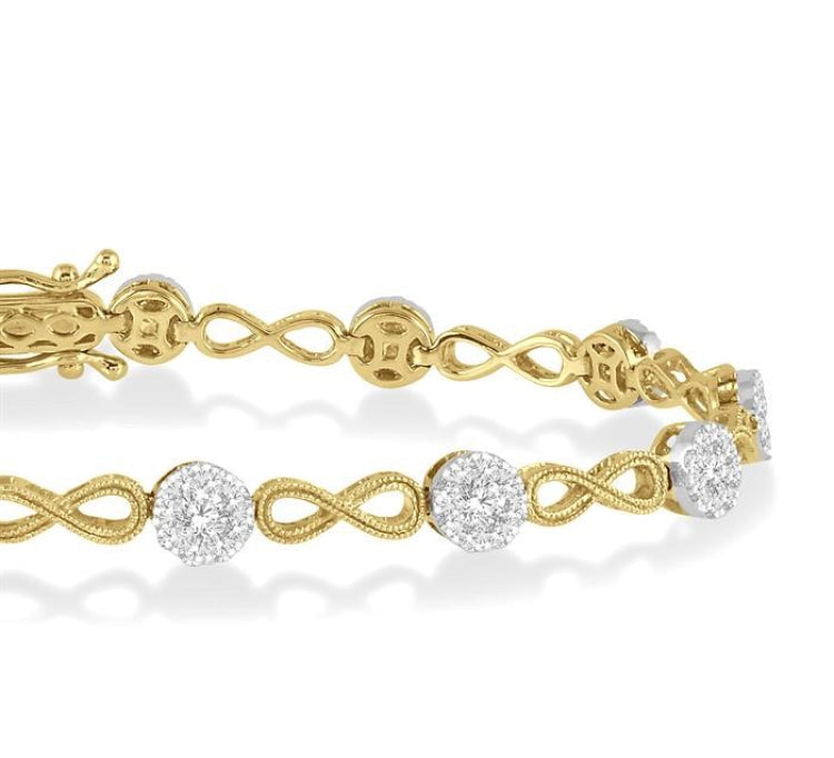 1 1/2 Ctw Circular Mount & Infinity Link Lovebright Round Cut Diamond Bracelet in 14K Yellow and White Gold